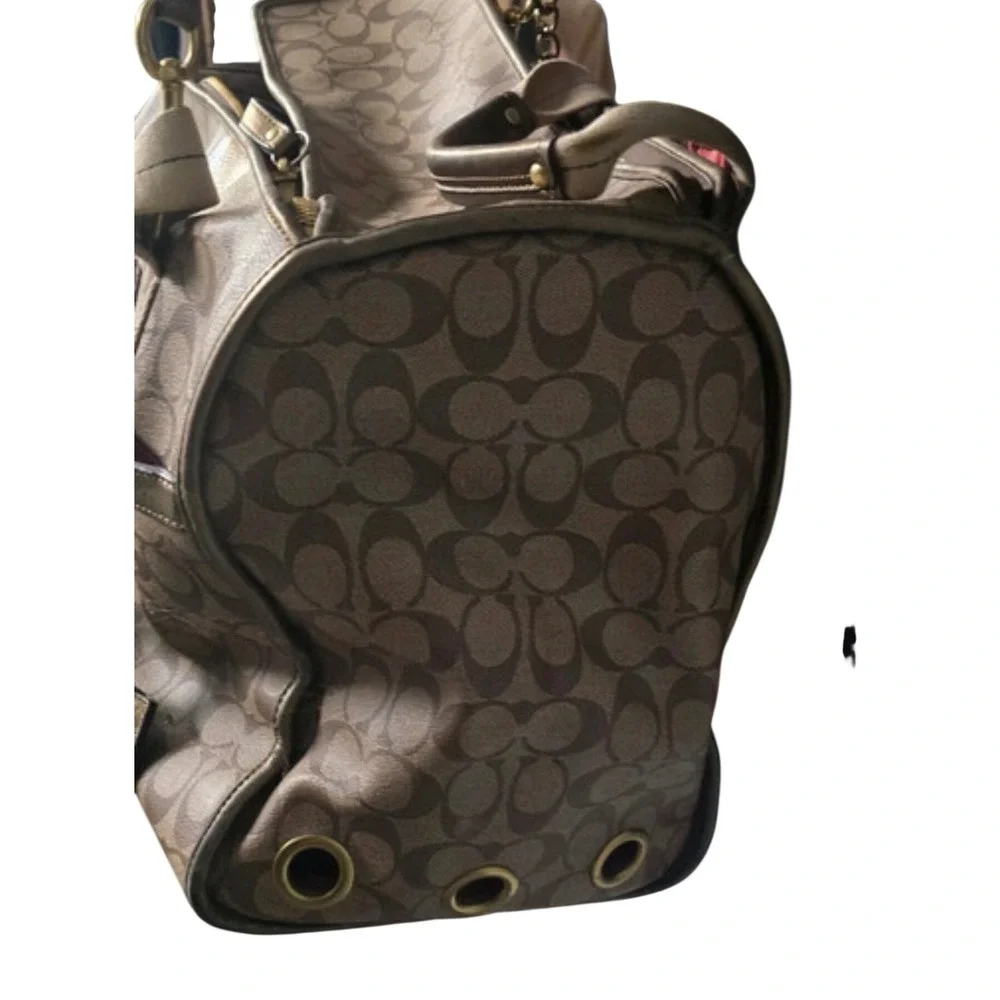 Flawed Gem! Coach Signature Heritage Stripe Pet Carrier Khaki Gold Metallic Bag